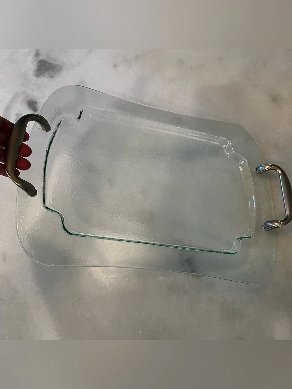 Hallmark Tremella Glass Serving Tray With Handles”, measuring 16.5” × 11.5”